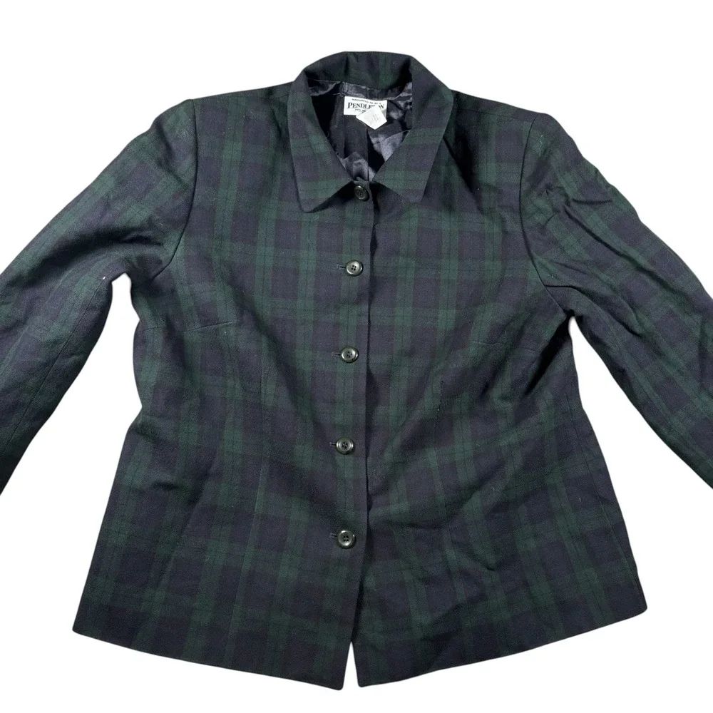VTG Pendleton 100% Virgin Wool Plaid Jacket Blazer 14W Navy Green USA Made - Picture 2 of 10